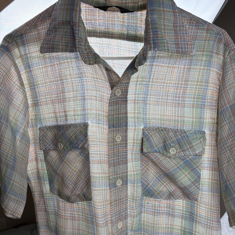 Vintage‎ 70s JCPenney Shirt Mens Medium Plaid Gauze Tapered Two Pocket Button Up - Picture 4 of 9